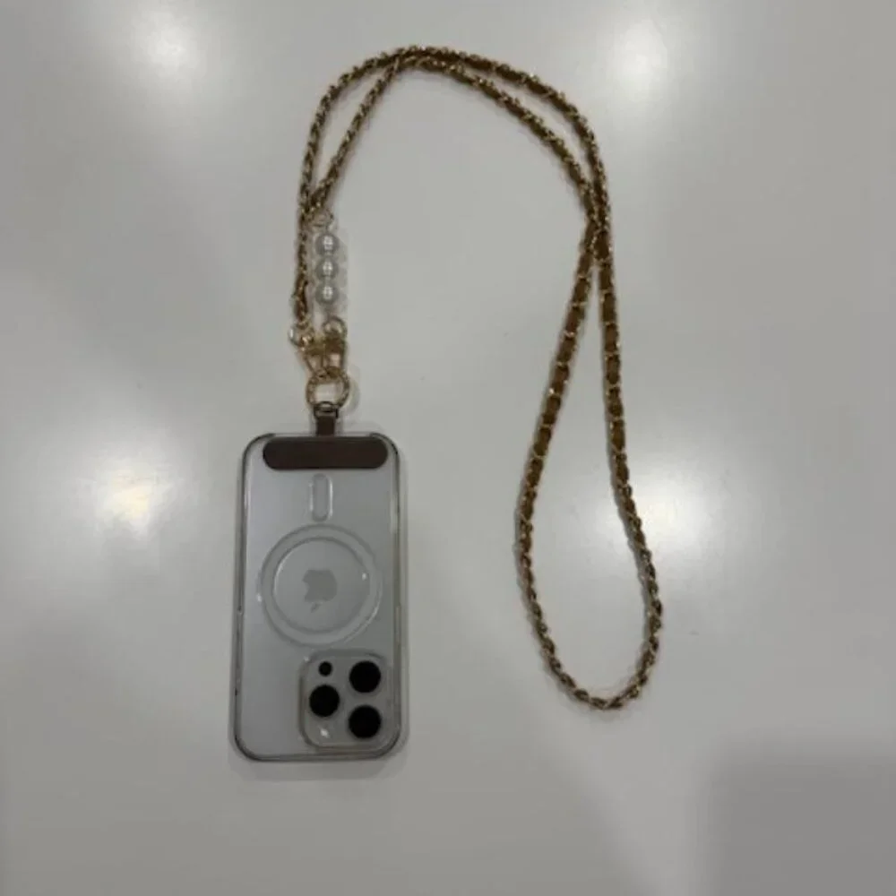 Tan Faux Pearl & Leather Chain Crossbody Phone Lanyard NEW